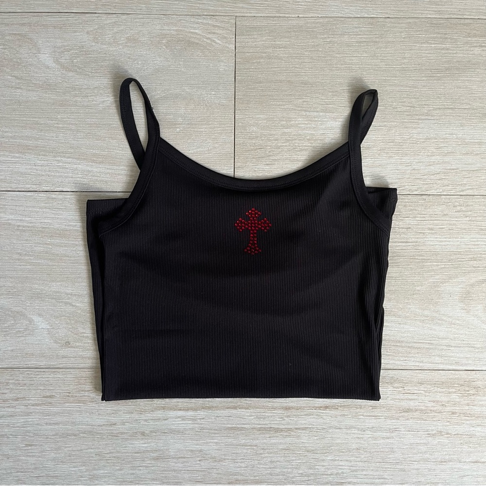 Red rhinestone gothic cross tank top in black. NWOT